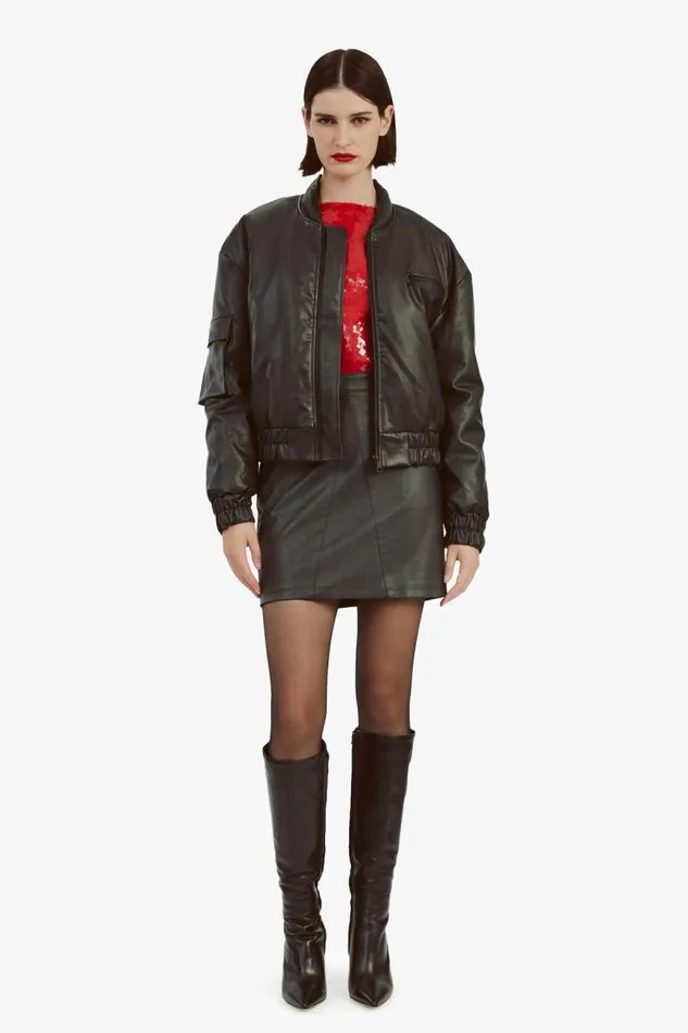 Women Bardot Jackets Vegan Leather Bomber Jacket In Black Women Bardot Jackets Vegan Leather Bomber Jacket In Black