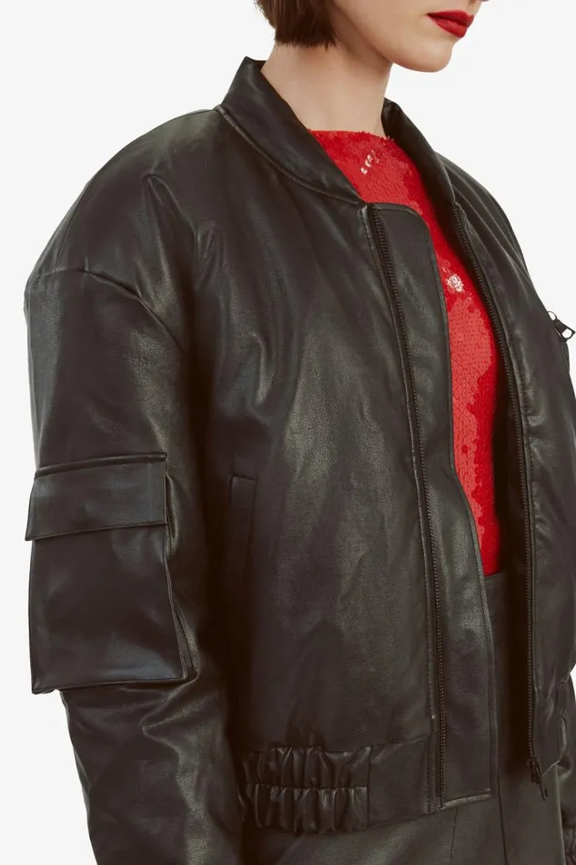 Women Bardot Jackets Vegan Leather Bomber Jacket In Black Women Bardot Jackets Vegan Leather Bomber Jacket In Black