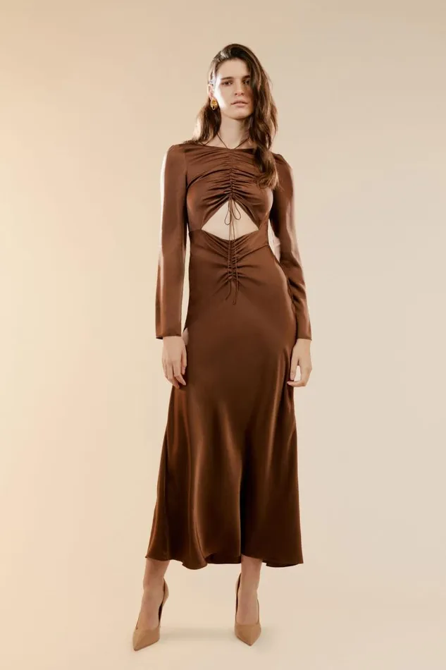 Women Bardot Party Dresses Daring Satin Midi Dress In Chocolate