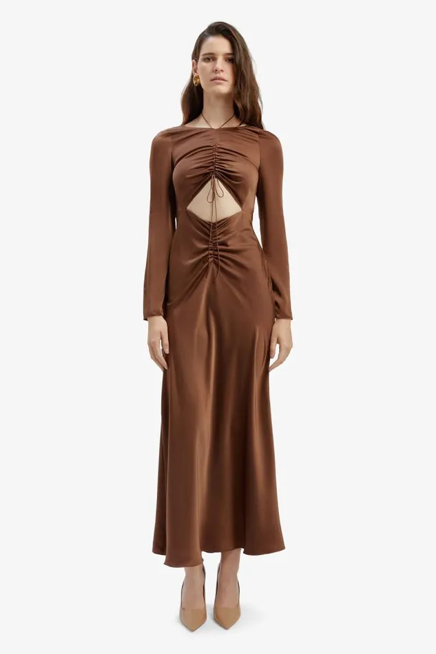 Women Bardot Party Dresses Daring Satin Midi Dress In Chocolate Women Bardot Party Dresses Daring Satin Midi Dress In Chocolate
