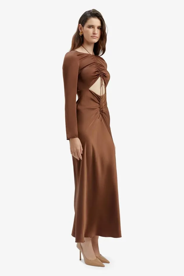 Women Bardot Party Dresses Daring Satin Midi Dress In Chocolate Women Bardot Party Dresses Daring Satin Midi Dress In Chocolate