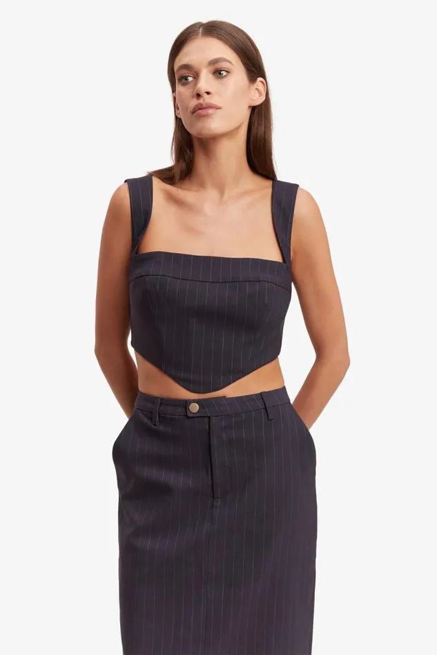 Women Bardot Party Tops Sian Pin Stripe Bustier In Navy Pinstripe Women Bardot Party Tops Sian Pin Stripe Bustier In Navy Pinstripe