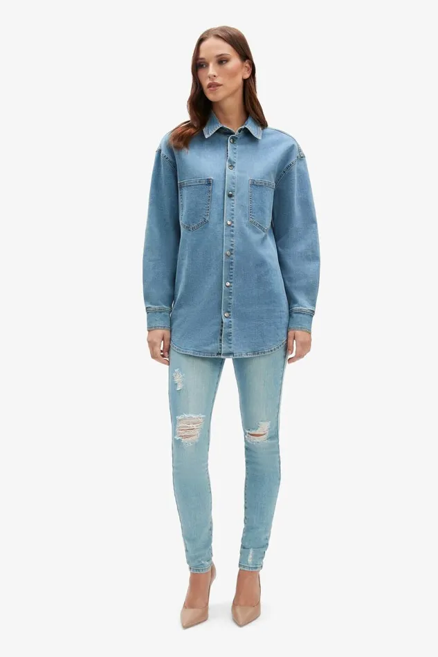 Women Bardot Shirts and Blouses Oversized Denim Shirt In Acid Women Bardot Shirts and Blouses Oversized Denim Shirt In Acid