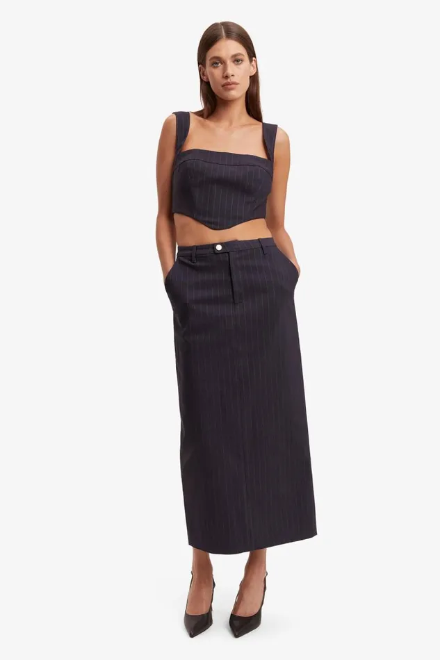 Women Bardot Skirts Sian Pin Stripe Maxi Skirt In Navy Pinstripe Women Bardot Skirts Sian Pin Stripe Maxi Skirt In Navy Pinstripe