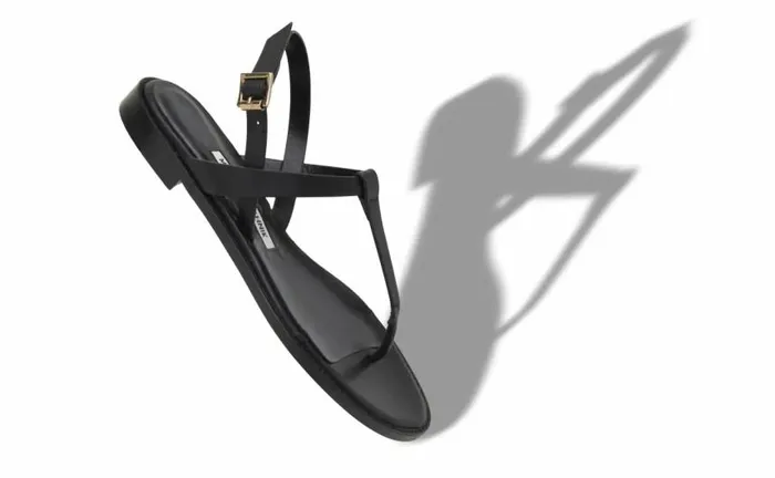Women Black Calf Leather Flat Sandals Manolo Blahnik Flats