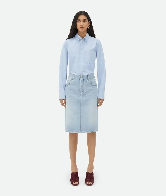 Women Bottega Veneta Denim Light Bleached Denim Midi Skirt Light Bleach