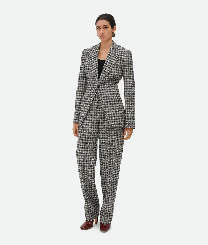 Women Bottega Veneta Jackets Boucle Gingham Wool Jacket Blackpearlkhaki