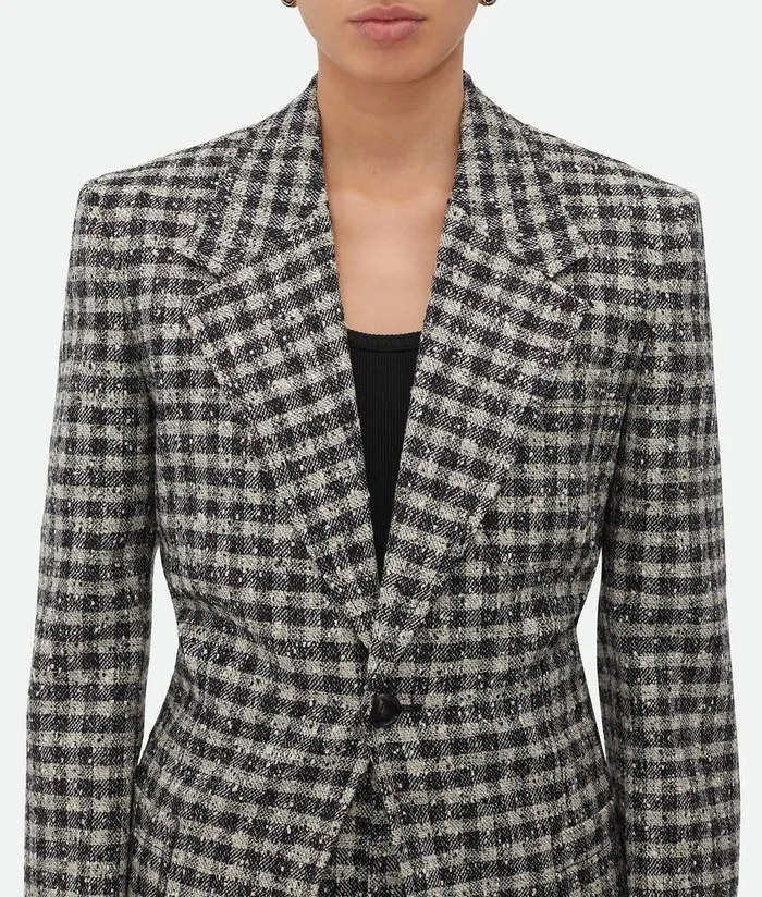 Women Bottega Veneta Jackets Boucle Gingham Wool Jacket Blackpearlkhaki