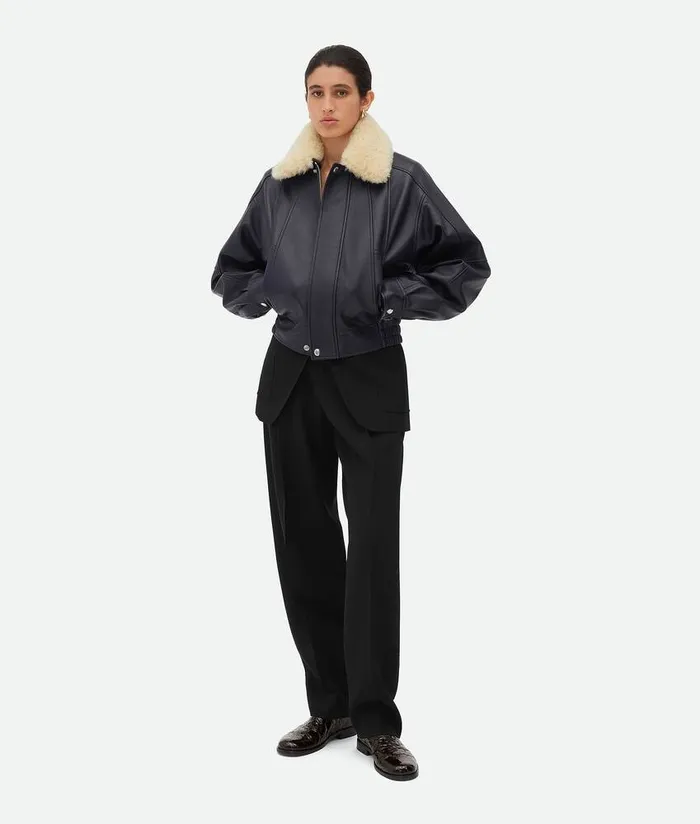 Women Bottega Veneta Jackets Leather Blouson Dark Navy