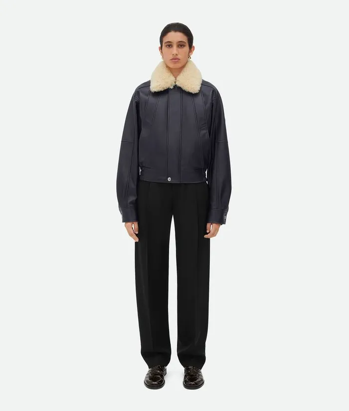 Women Bottega Veneta Jackets Leather Blouson Dark Navy