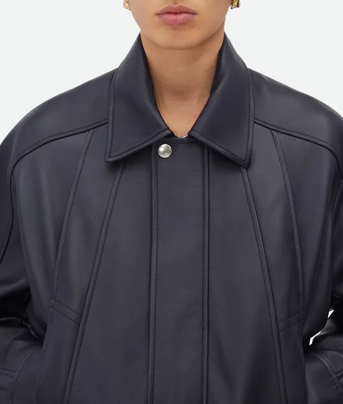 Women Bottega Veneta Jackets Leather Blouson Dark Navy