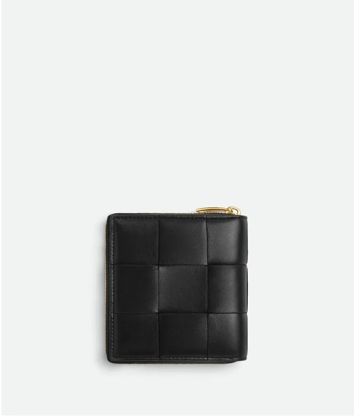 Women Bottega Veneta Small Wallets Small Cassette Compact Zip Around Wallet Black