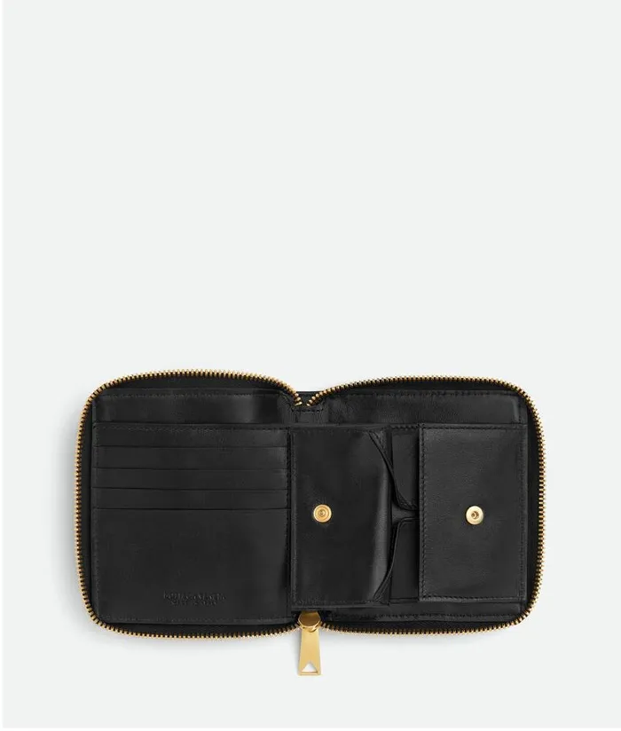 Women Bottega Veneta Small Wallets Small Cassette Compact Zip Around Wallet Black