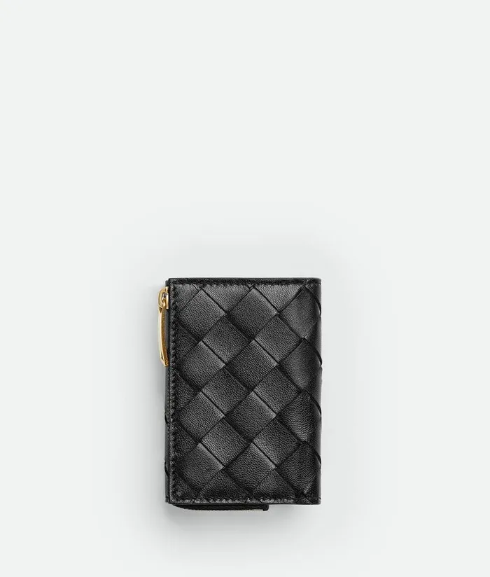 Women Bottega Veneta Small Wallets Small Intrecciato TriFold Zip Wallet Black