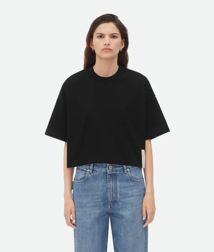 Women Bottega Veneta Tops And TShirts Pima Cotton Jersey Crop TShirt Black