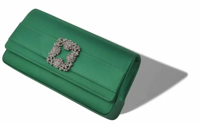 Women Bright Green Satin Jewel Buckle Clutch Manolo Blahnik Bags