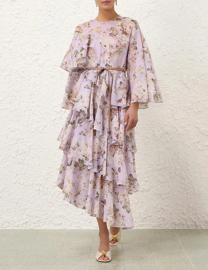 Women Clothing Zimmermann Acacia Asymmetric Midi Dress Lilac Floral