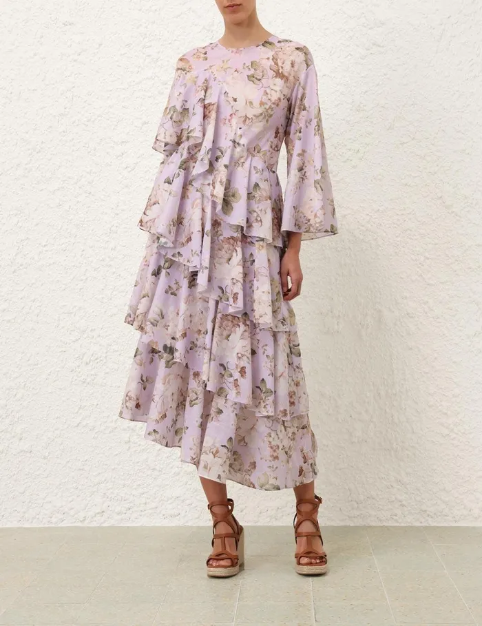 Women Clothing Zimmermann Acacia Asymmetric Midi Dress Lilac Floral