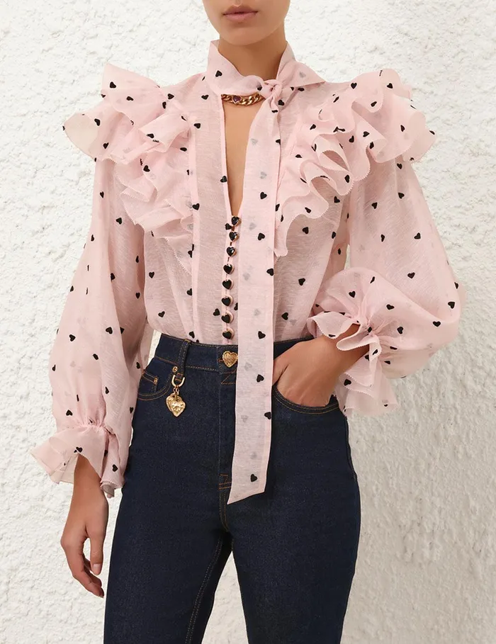 Women Clothing Zimmermann Crush Embroidered Blouse Pink Hearts