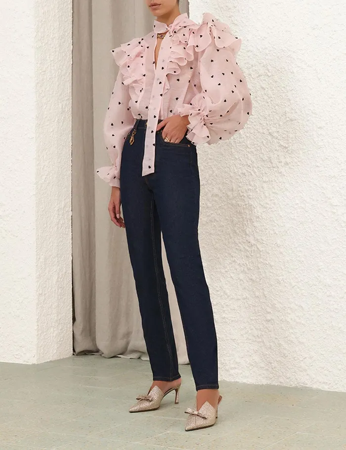 Women Clothing Zimmermann Crush Embroidered Blouse Pink Hearts