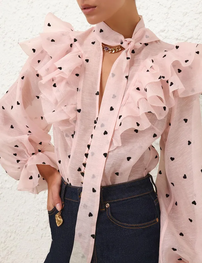 Women Clothing Zimmermann Crush Embroidered Blouse Pink Hearts