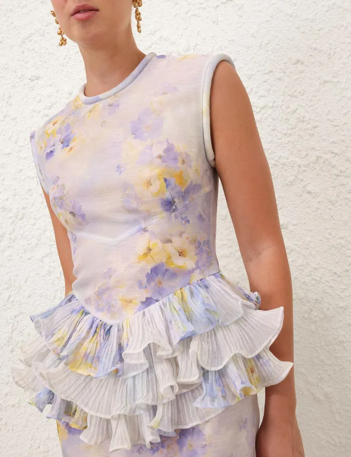 Women Clothing Zimmermann Crush Frill Midi Dress Lilac Floral