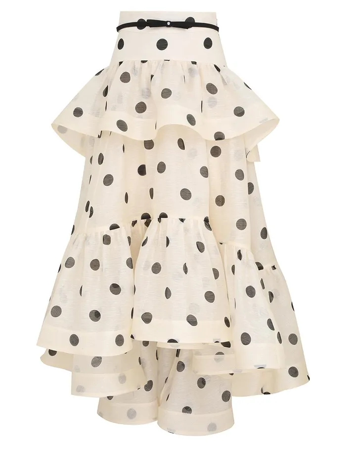 Women Clothing Zimmermann Crush HighLow Tiered Skirt Creamblack Dot
