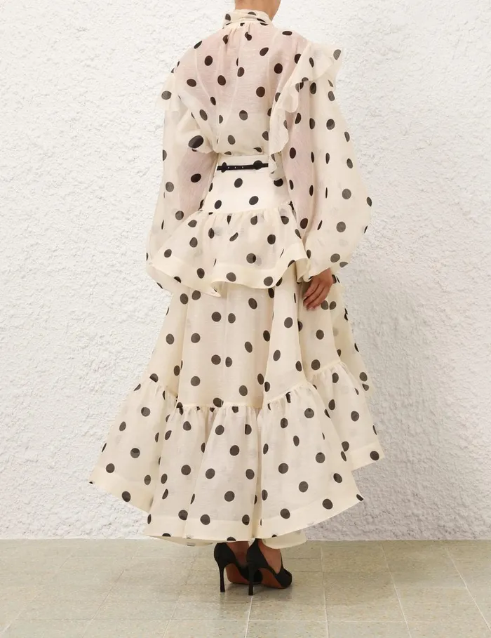 Women Clothing Zimmermann Crush HighLow Tiered Skirt Creamblack Dot