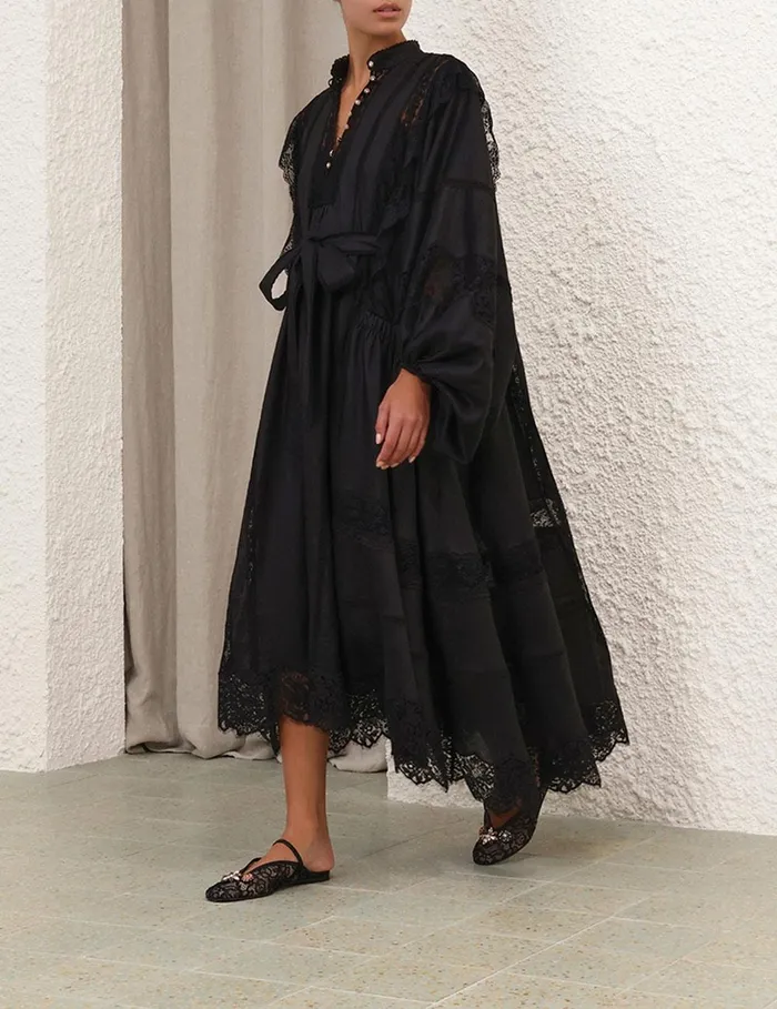 Women Clothing Zimmermann Crush Lace Billow Dress Black