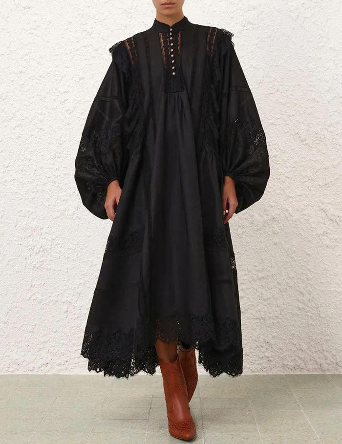 Women Clothing Zimmermann Crush Lace Billow Dress Black