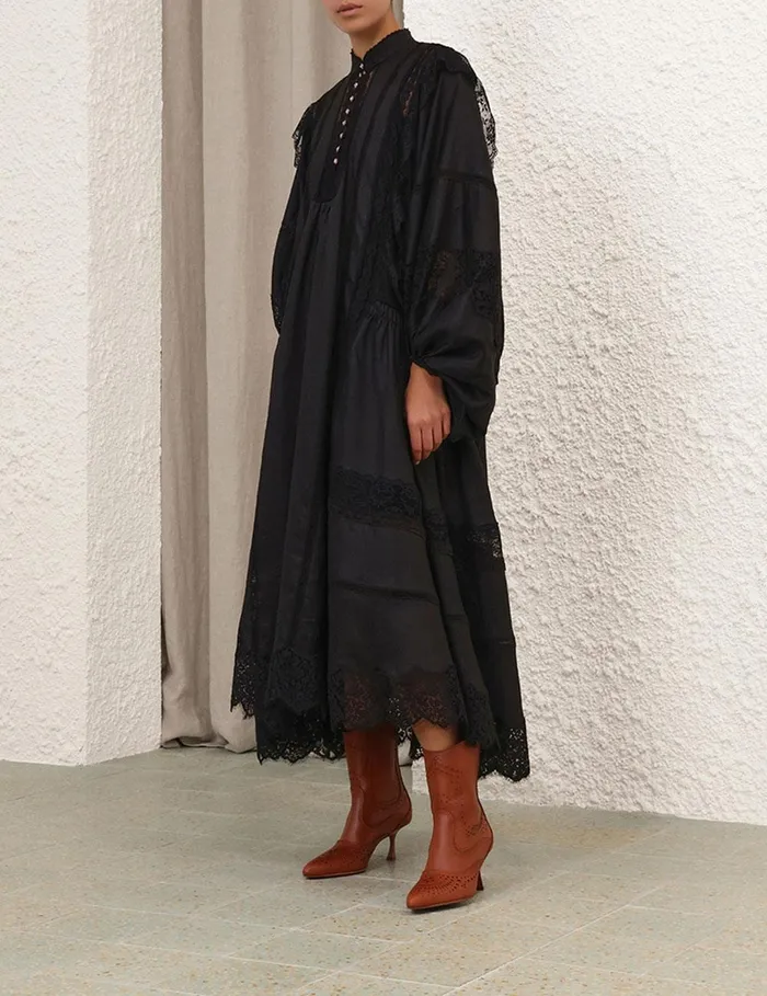 Women Clothing Zimmermann Crush Lace Billow Dress Black