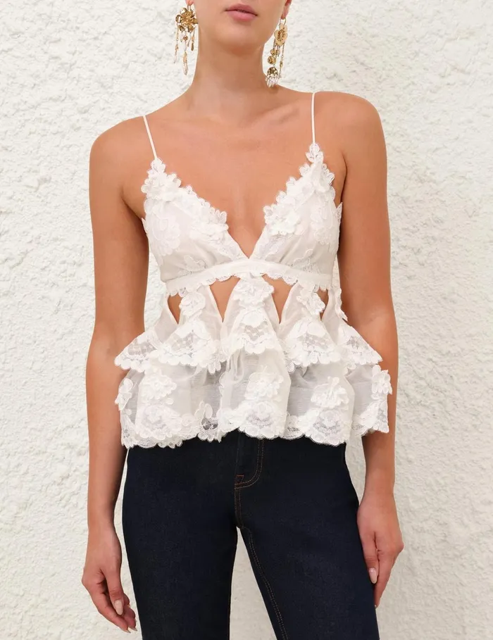 Women Clothing Zimmermann Crush Lace Motif Tiered Top Ivory