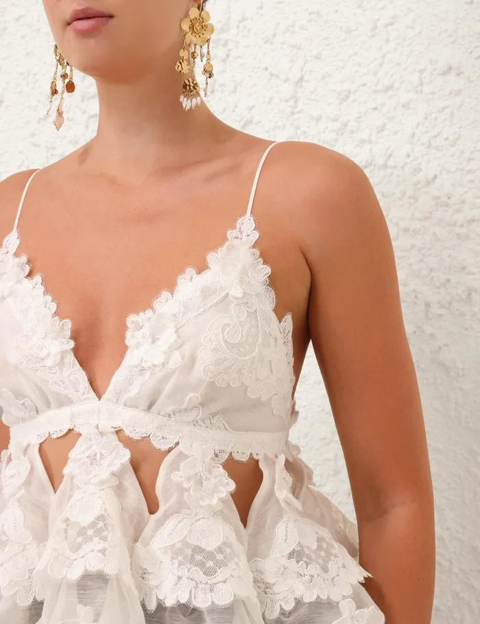 Women Clothing Zimmermann Crush Lace Motif Tiered Top Ivory