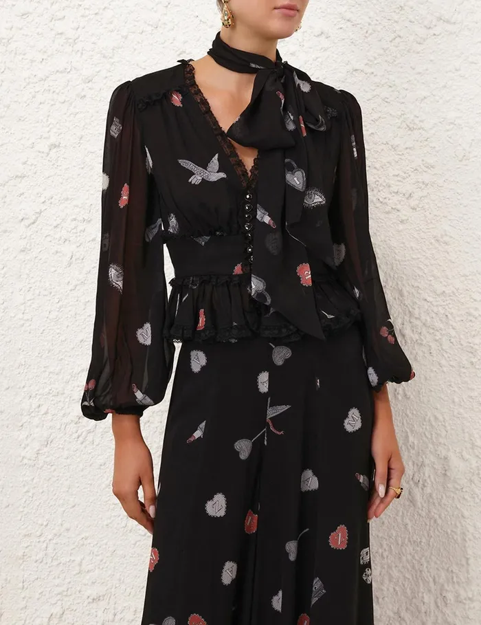 Women Clothing Zimmermann Crush V Neck Lace Blouse Black Love Letters