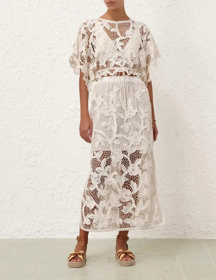Women Clothing Zimmermann Golden Crochet Lace Skirt Ivory