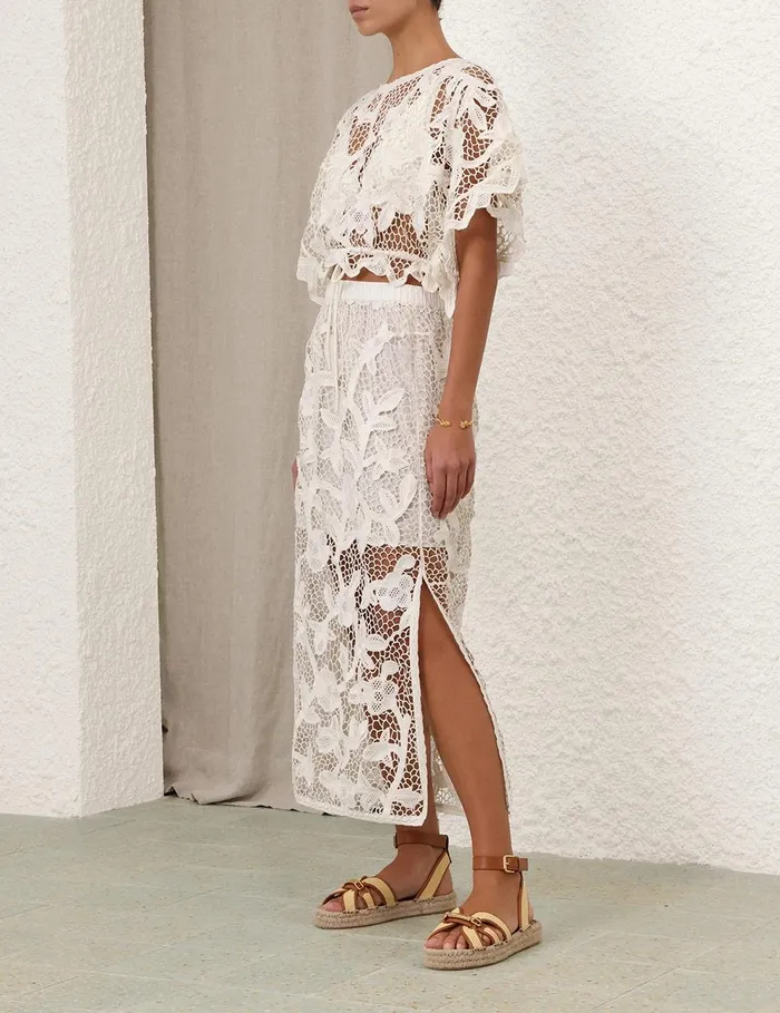 Women Clothing Zimmermann Golden Crochet Lace Skirt Ivory