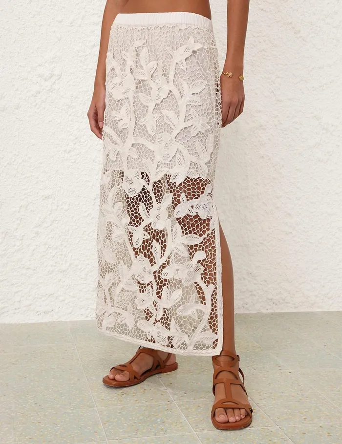 Women Clothing Zimmermann Golden Crochet Lace Skirt Ivory