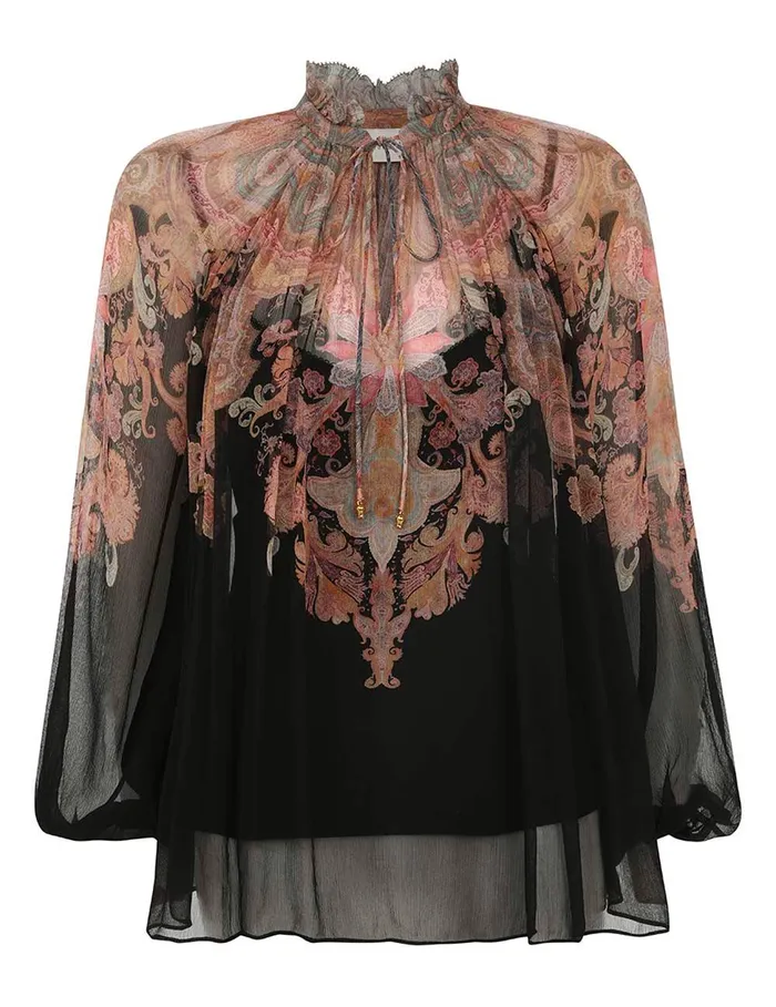Women Clothing Zimmermann Illustration Billow Blouse Black Paisley