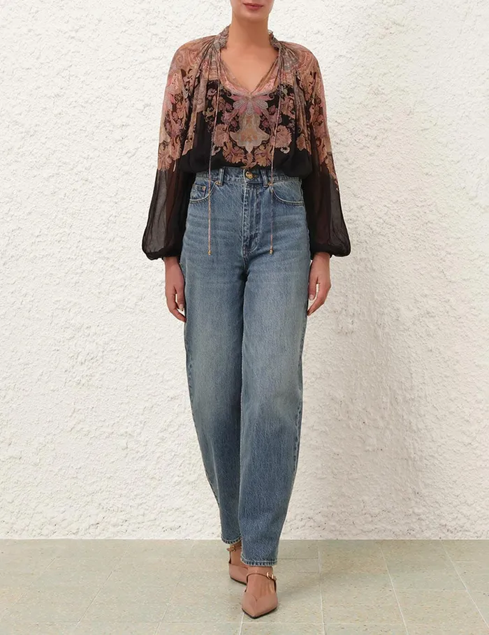 Women Clothing Zimmermann Illustration Billow Blouse Black Paisley