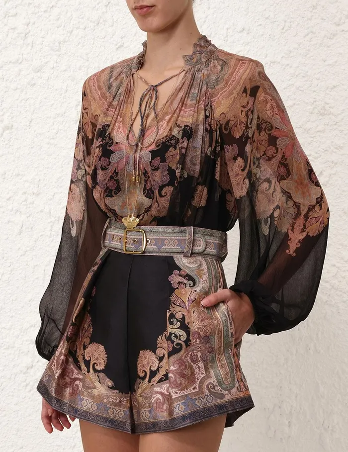 Women Clothing Zimmermann Illustration Billow Blouse Black Paisley