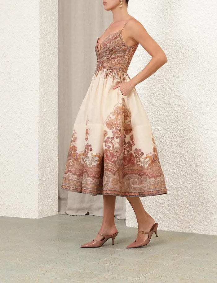 Women Clothing Zimmermann Illustration Draped Midi Dress Cream Paisley