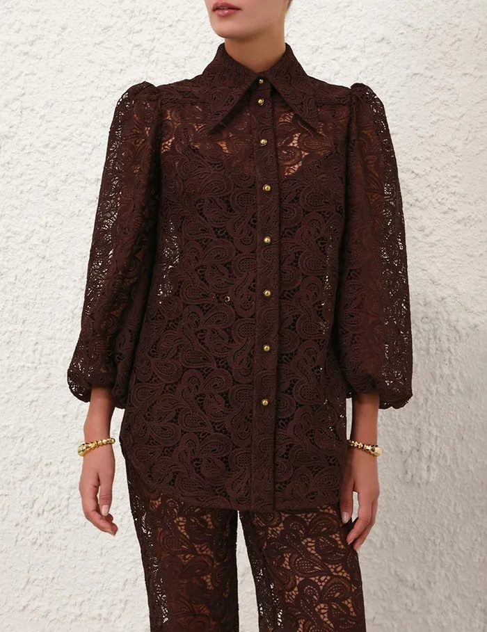 Women Clothing Zimmermann Illustration Lace Blouse Chocolate