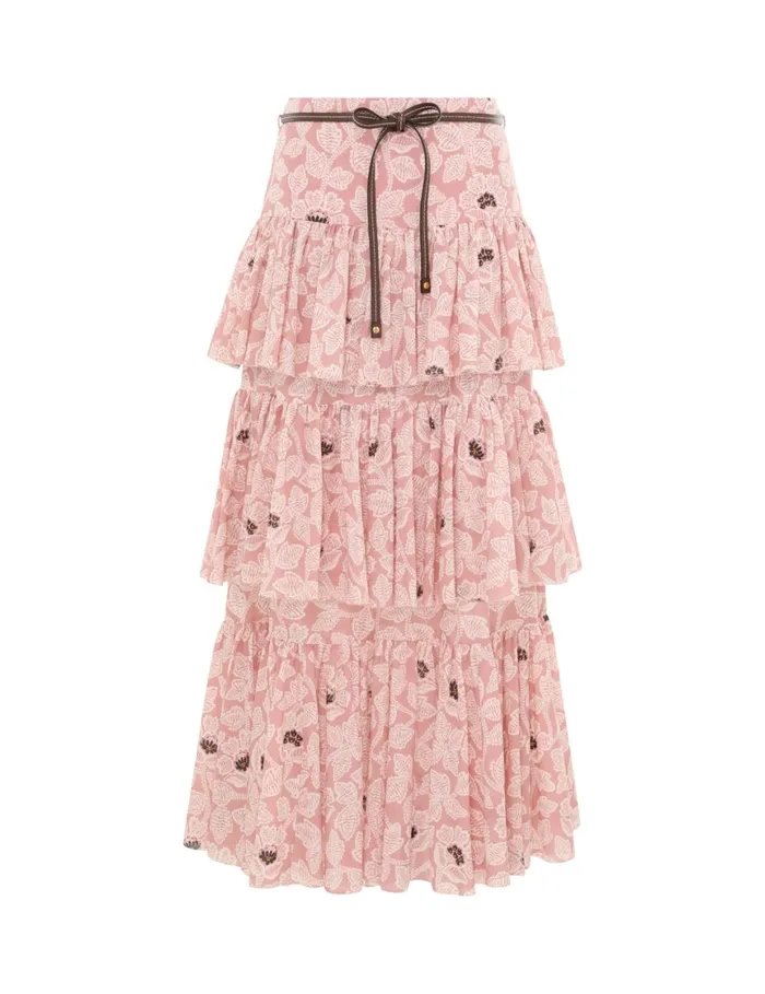 Women Clothing Zimmermann Ottie Tiered Midi Skirt Dusty Rose Floral