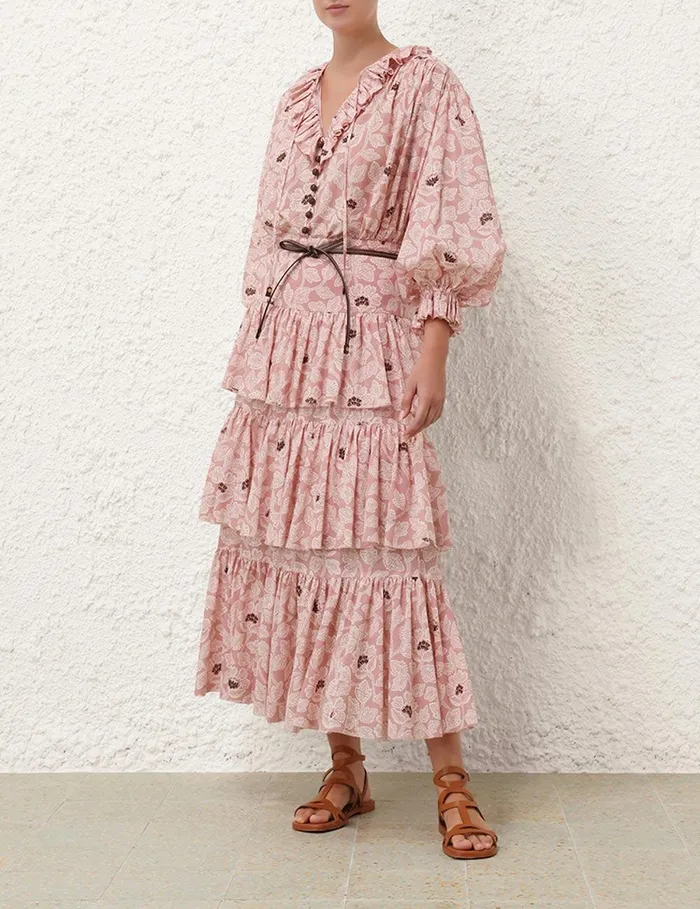 Women Clothing Zimmermann Ottie Tiered Midi Skirt Dusty Rose Floral
