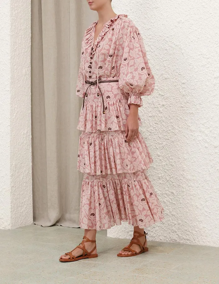 Women Clothing Zimmermann Ottie Tiered Midi Skirt Dusty Rose Floral