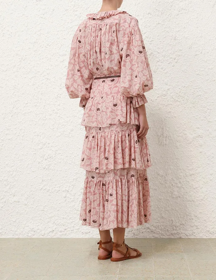 Women Clothing Zimmermann Ottie Tiered Midi Skirt Dusty Rose Floral