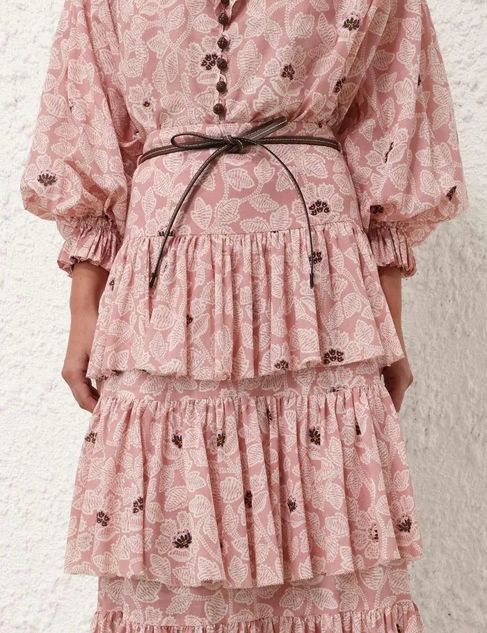 Women Clothing Zimmermann Ottie Tiered Midi Skirt Dusty Rose Floral