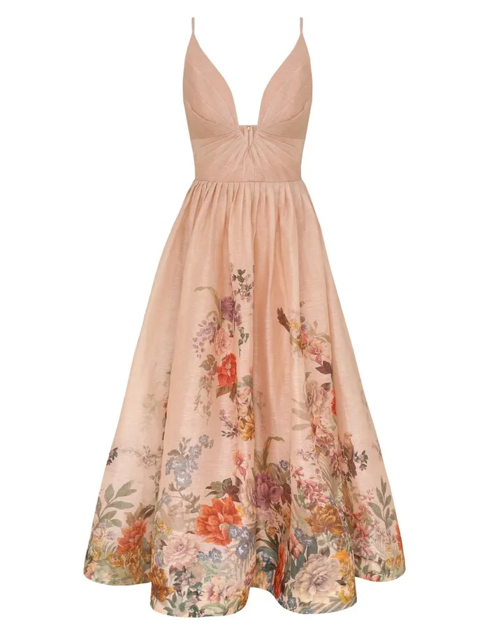 Women Clothing Zimmermann Pavilion V Neck Midi Dress Peach Multi Floral