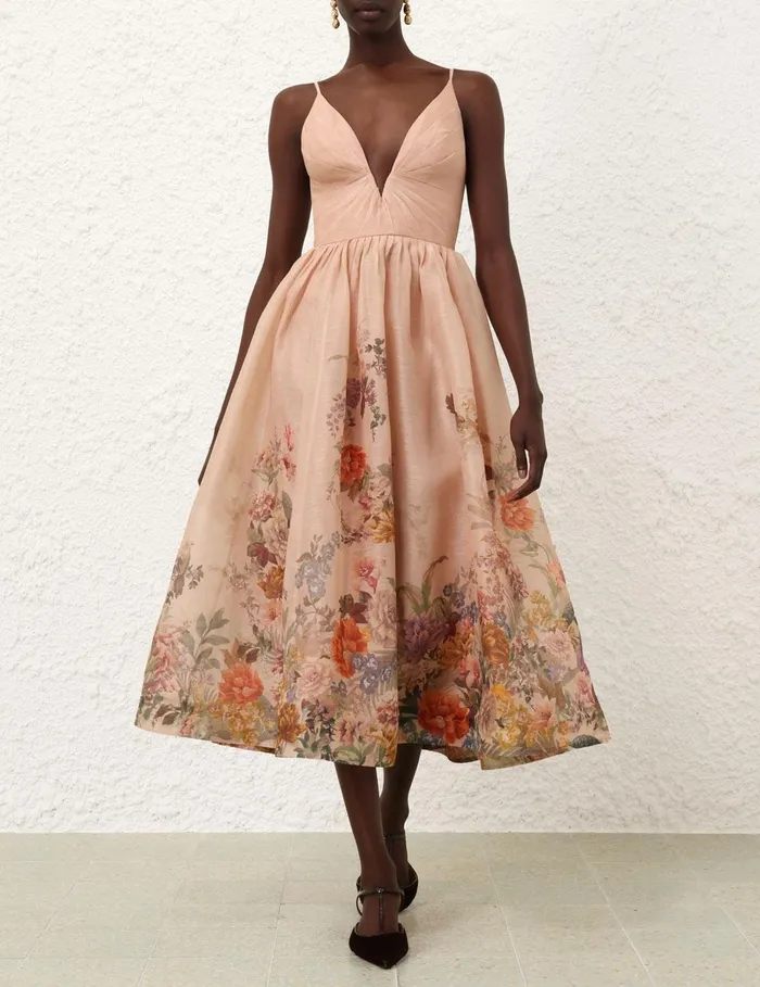 Women Clothing Zimmermann Pavilion V Neck Midi Dress Peach Multi Floral