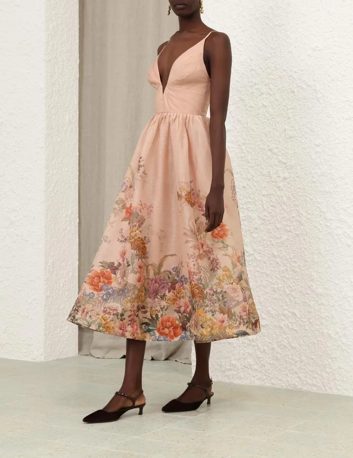 Women Clothing Zimmermann Pavilion V Neck Midi Dress Peach Multi Floral